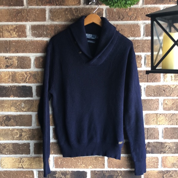 POLO RALPH LAUREN Navy Blue Shawl Collar Sweater Cotton SWEATER - Picture 3 of 9